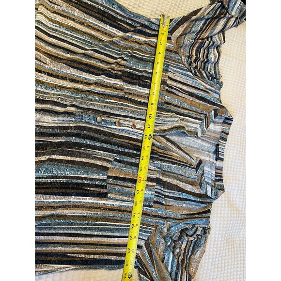 Ava & Grace Boho Retro Brown & Blue Striped Roll Tab Sleeve Half Button Top 1X - Picture 4 of 11